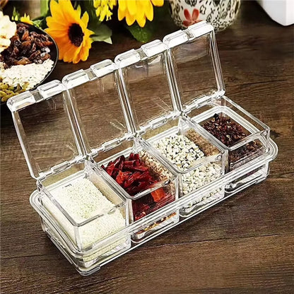 Clear Seasoning Box Set of 4 Crystal Seasoning Storage Container with Spoon Spice Pots for Pepper Spice Camping Spice Organizer