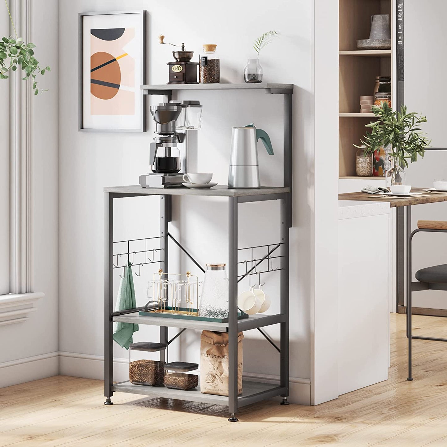 Kitchen Bakers Rack Microwave Stand Kitchen Cart on Wheels Utility Storage Shelf with 10 Side Hooks Kitchen Organizer Shelves with Adjustable Feet