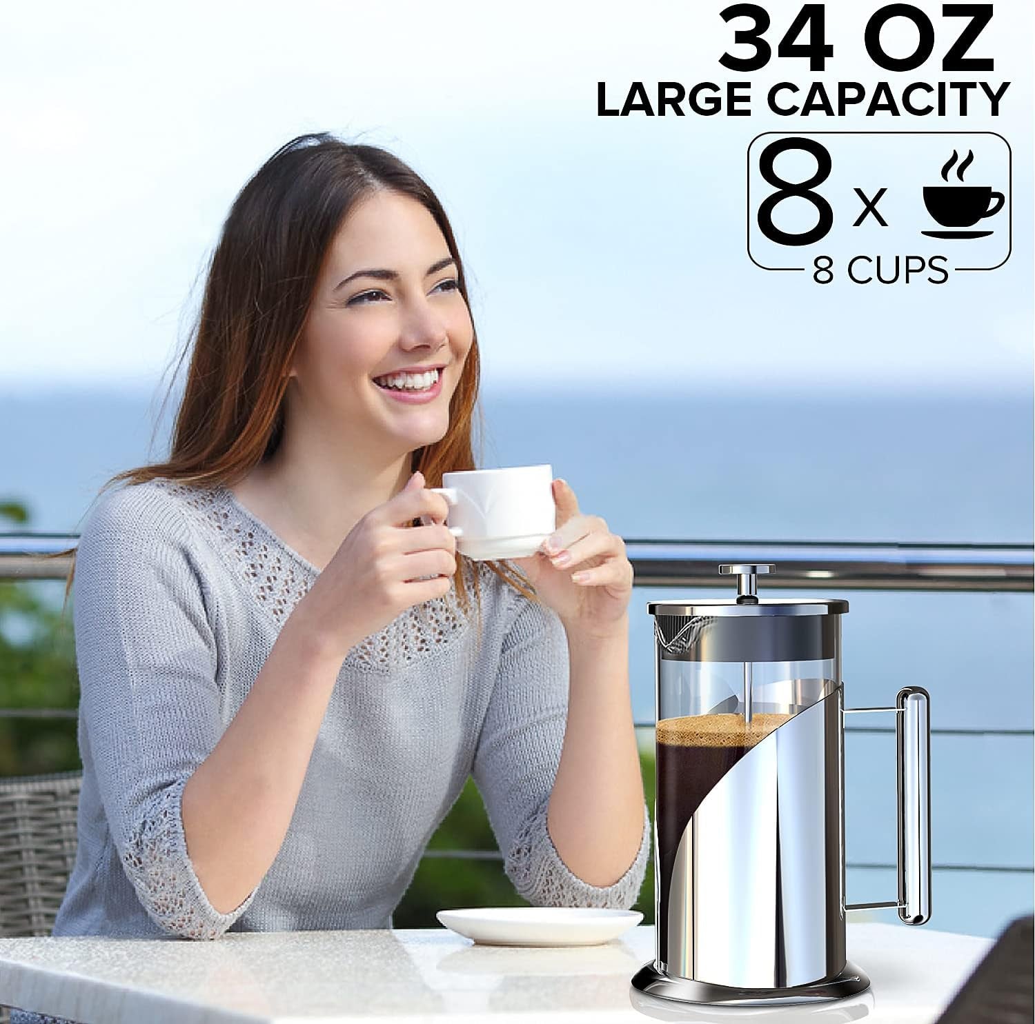 French Press Coffee Maker 34Oz 304 Stainless Steel French Press with 4 Filter, Heat Resistant Durable, Easy to Clean, Borosilicate Glass Coffee Press, 100% BPA Free Glass Teapot (Stainless Steel)