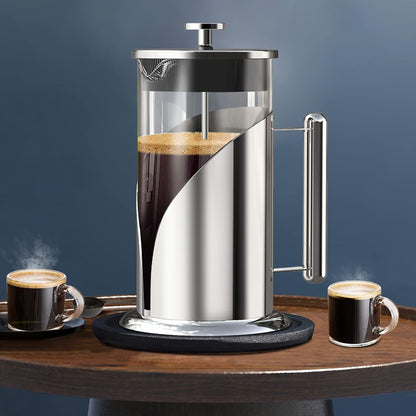 French Press Coffee Maker 34Oz 304 Stainless Steel French Press with 4 Filter, Heat Resistant Durable, Easy to Clean, Borosilicate Glass Coffee Press, 100% BPA Free Glass Teapot (Stainless Steel)