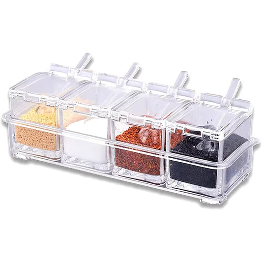 Clear Seasoning Box Set of 4 Crystal Seasoning Storage Container with Spoon Spice Pots for Pepper Spice Camping Spice Organizer