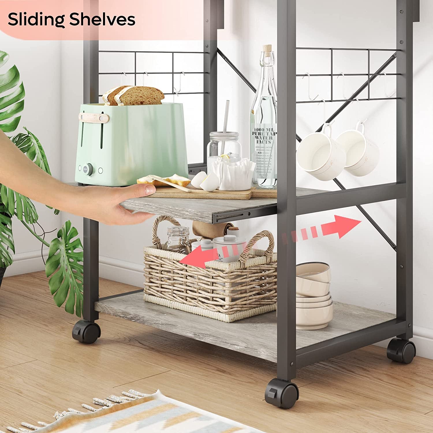 Kitchen Bakers Rack Microwave Stand Kitchen Cart on Wheels Utility Storage Shelf with 10 Side Hooks Kitchen Organizer Shelves with Adjustable Feet