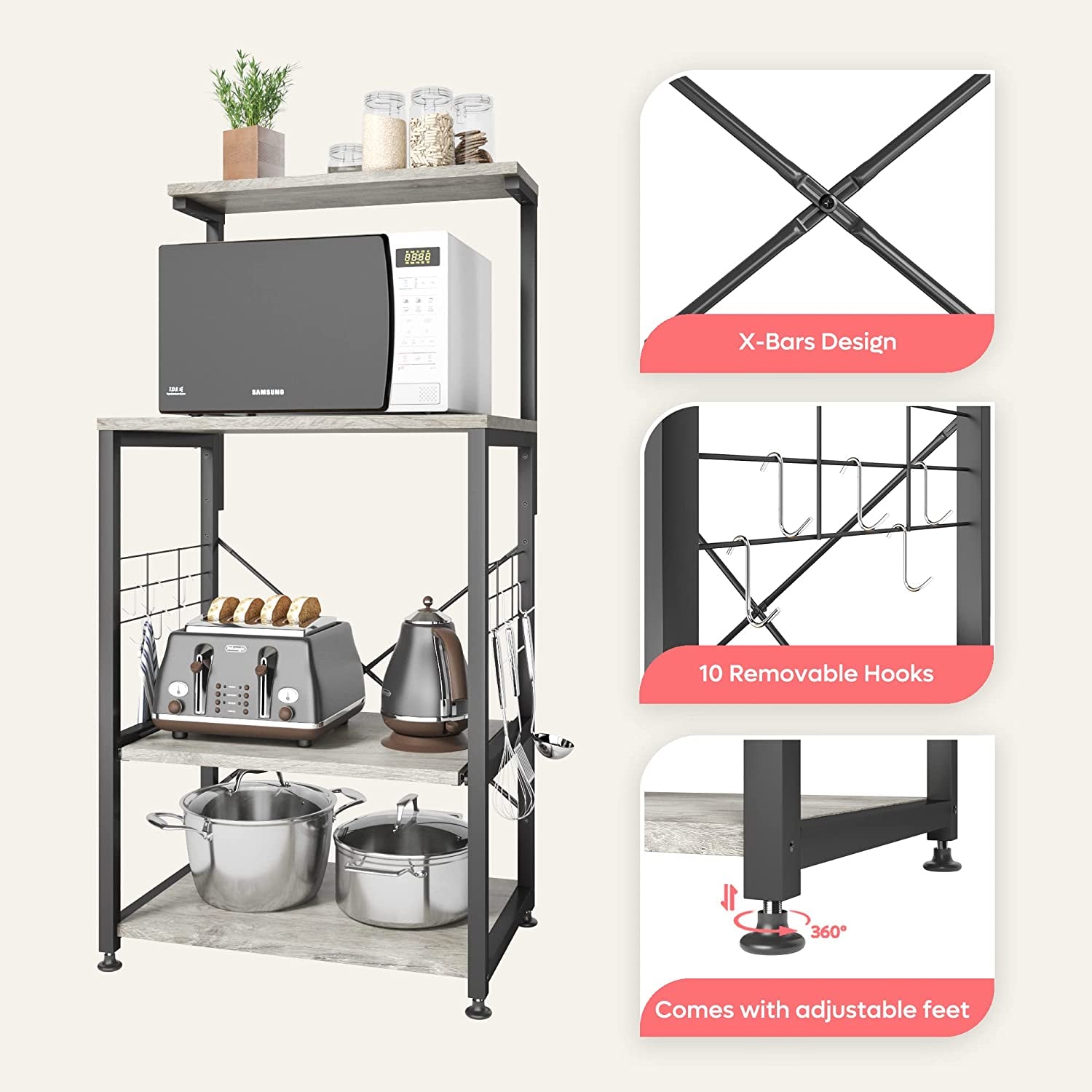 Kitchen Bakers Rack Microwave Stand Kitchen Cart on Wheels Utility Storage Shelf with 10 Side Hooks Kitchen Organizer Shelves with Adjustable Feet