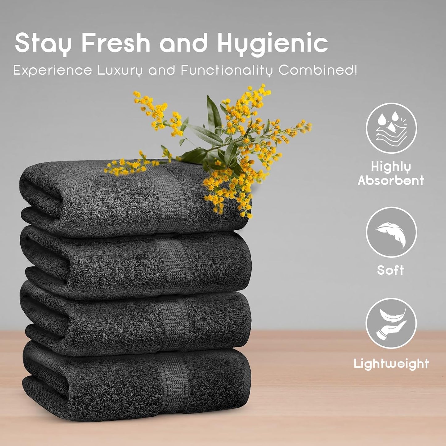 Premium Bath Towels Pack of 4, 100% Cotton, Large 30" X 52", Super Soft, Highly Absorbent, Quick Dry, Durable, Comfortable, Great Value & Quality, Perfect for Home & Bathroom - Grey