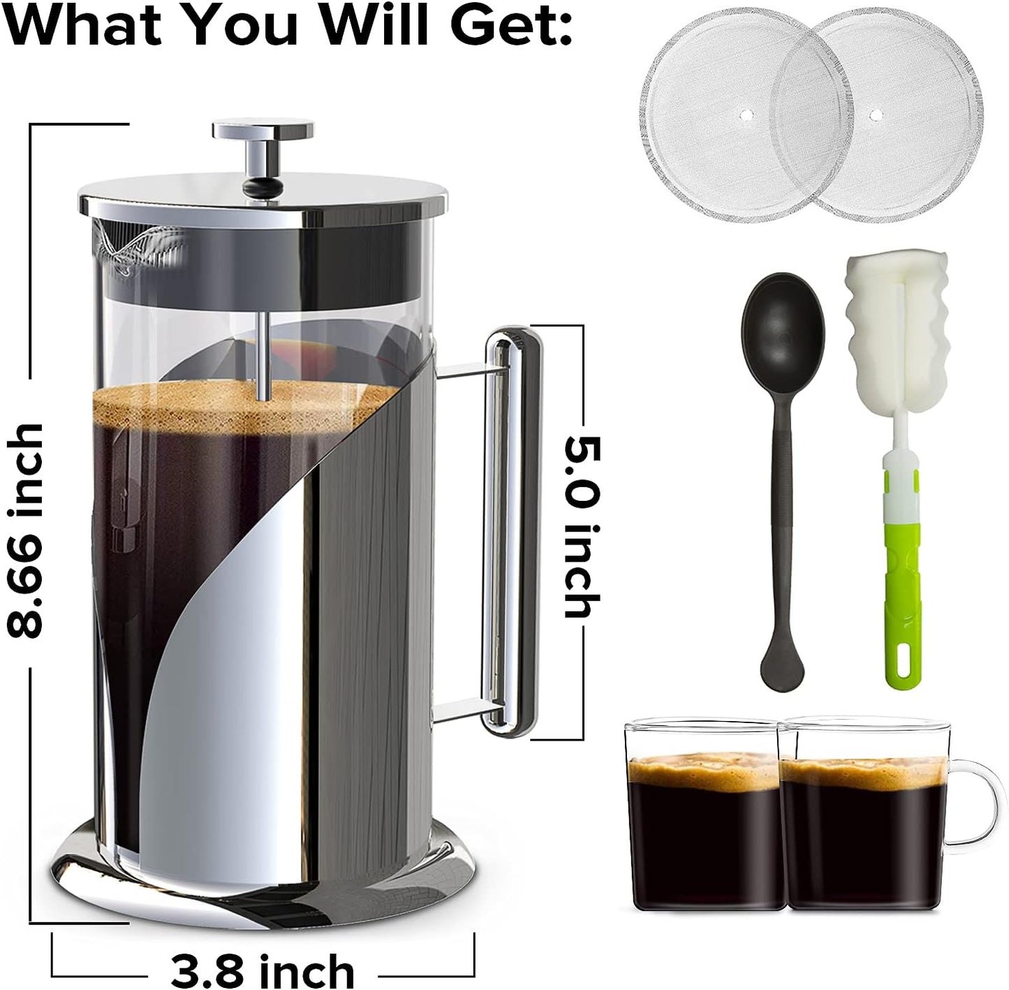 French Press Coffee Maker 34Oz 304 Stainless Steel French Press with 4 Filter, Heat Resistant Durable, Easy to Clean, Borosilicate Glass Coffee Press, 100% BPA Free Glass Teapot (Stainless Steel)