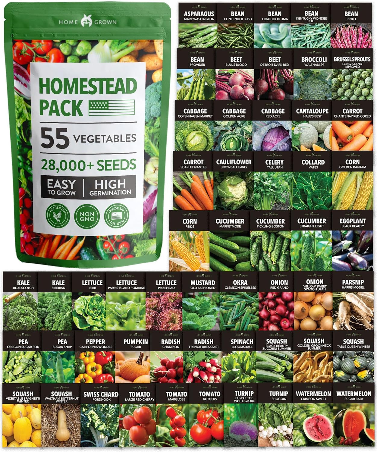 55 Vegetable Seeds Pack | Spring, Fall, Winter Heirloom Vegetables | Non-Gmo Garden Survival Seed Vault - Prepper Gear Supplies | Gifts for Men Women Gardeners