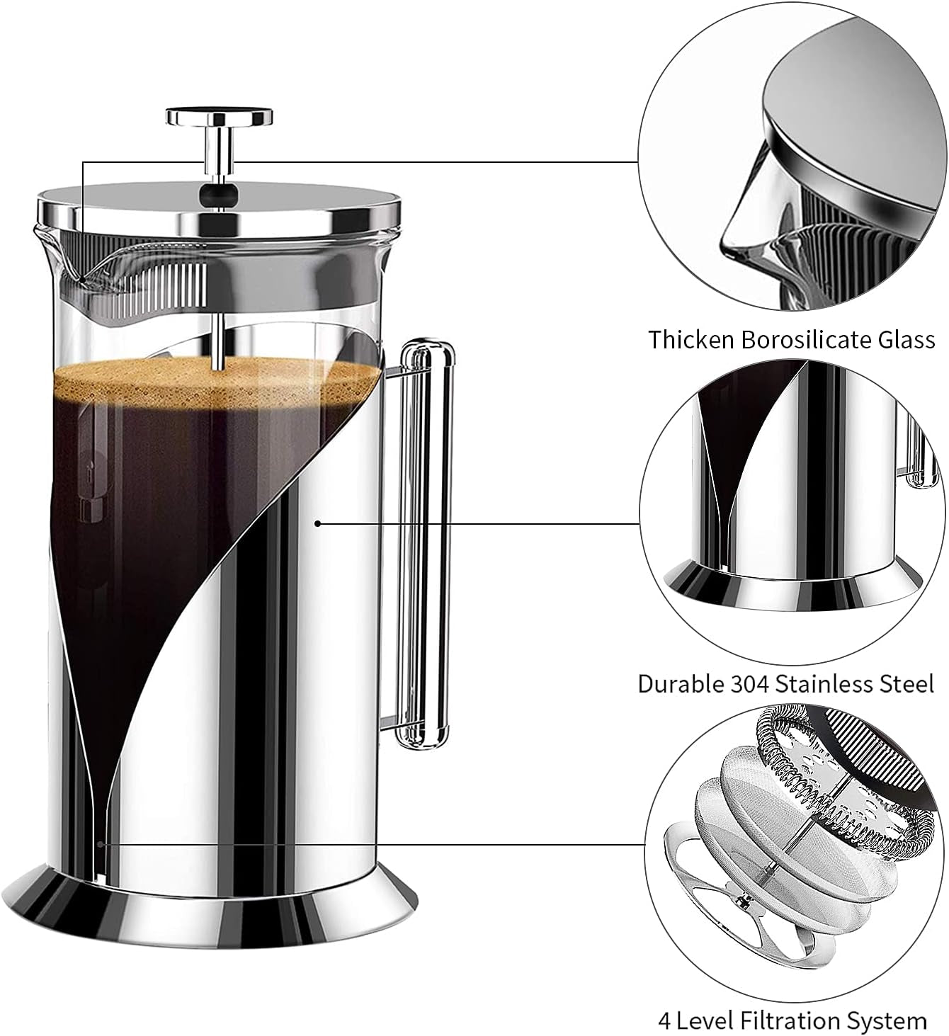 French Press Coffee Maker 34Oz 304 Stainless Steel French Press with 4 Filter, Heat Resistant Durable, Easy to Clean, Borosilicate Glass Coffee Press, 100% BPA Free Glass Teapot (Stainless Steel)