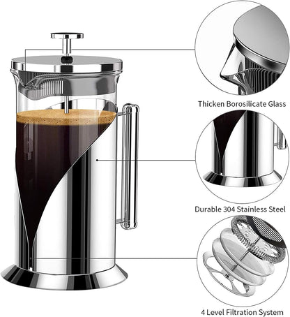 French Press Coffee Maker 34Oz 304 Stainless Steel French Press with 4 Filter, Heat Resistant Durable, Easy to Clean, Borosilicate Glass Coffee Press, 100% BPA Free Glass Teapot (Stainless Steel)